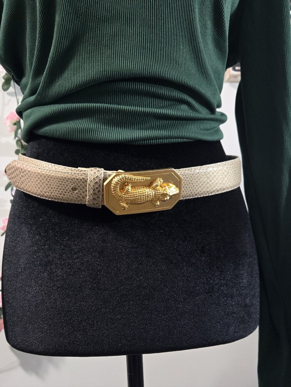 First Issue Vintage Genuine Leather Snakeskin Print Belt Gold Alligator Buckle M